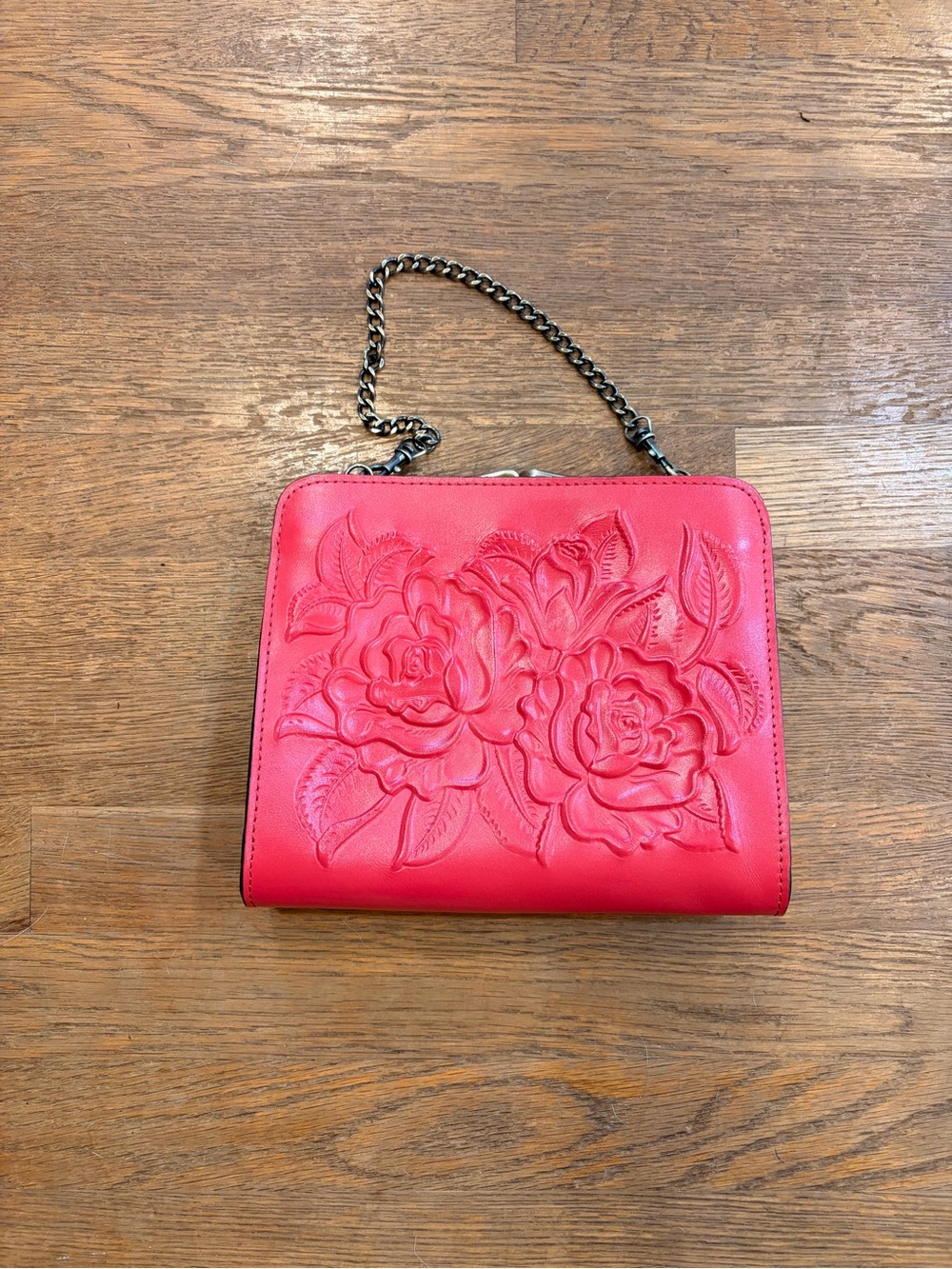 Patricia Nash Red Floral Embossed Leather Shoulder Bag with Chain Strap